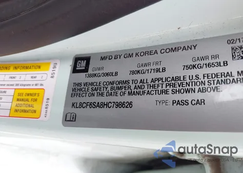 2017 Chevrolet Spark 2Lt Cvt z USA, uszkodzony, nr VIN KL8CF6SA8HC798626